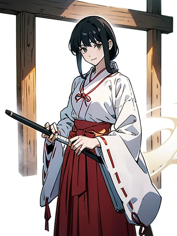 (((Portrait of a person standing against a white background))), The beautiful girl named "Midori" is an 18-year-old shrine maiden with green eyes and black medium hair. She is wearing miko costume, white outer garment, red skirt, and long boots., She holds a wooden sword in her left hand., Her hair is shoulder length and tied at the back., She stands diagonally to the left against a white background., green eyes, smile, (full body, 1:1 ratio of upper body to lower body), (masterpiece, Best Quality, Ultra-high resolution, Best illustrations, Very delicate and cute face), 