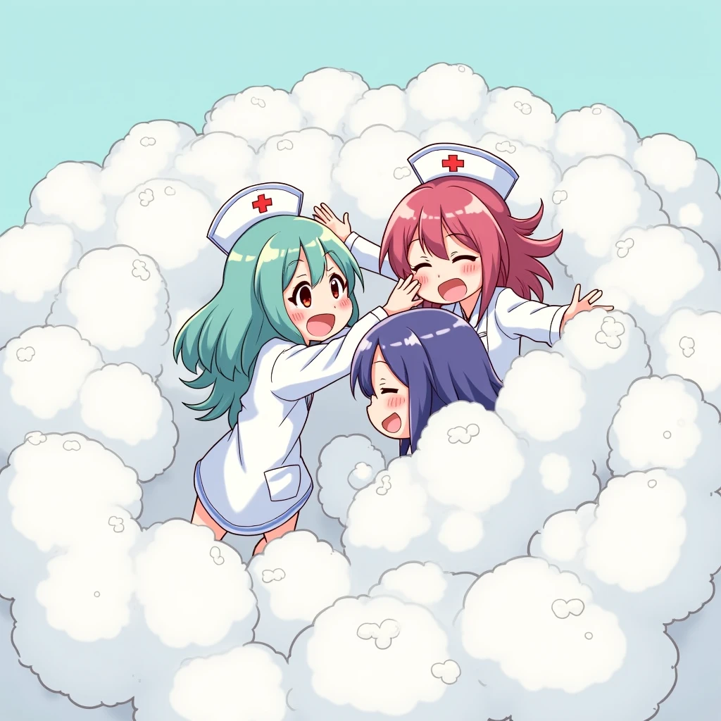 An anime-style illustration depicting nurses playfully wrestling with each other inside a light gray comical fight cloud (foam cloud).
each nurse has different colored hair.
their faces,hands,and feet are visible emerging from the cloud as they tussle humorously, with the rest of their bodies completely hidden inside the cloud.
the illustration emphasizes the humorous and energetic nature of their scuffle,with a fluffy and exaggerated fight cloud.