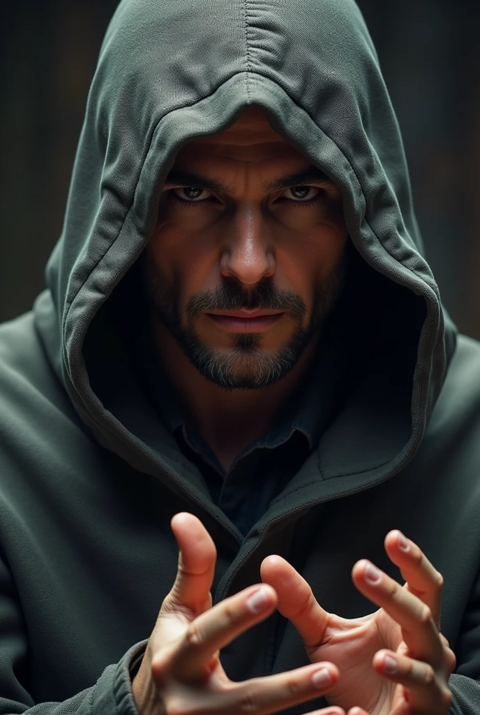 photorealism:1.2)man, wearing a hood, stand,teach,close up