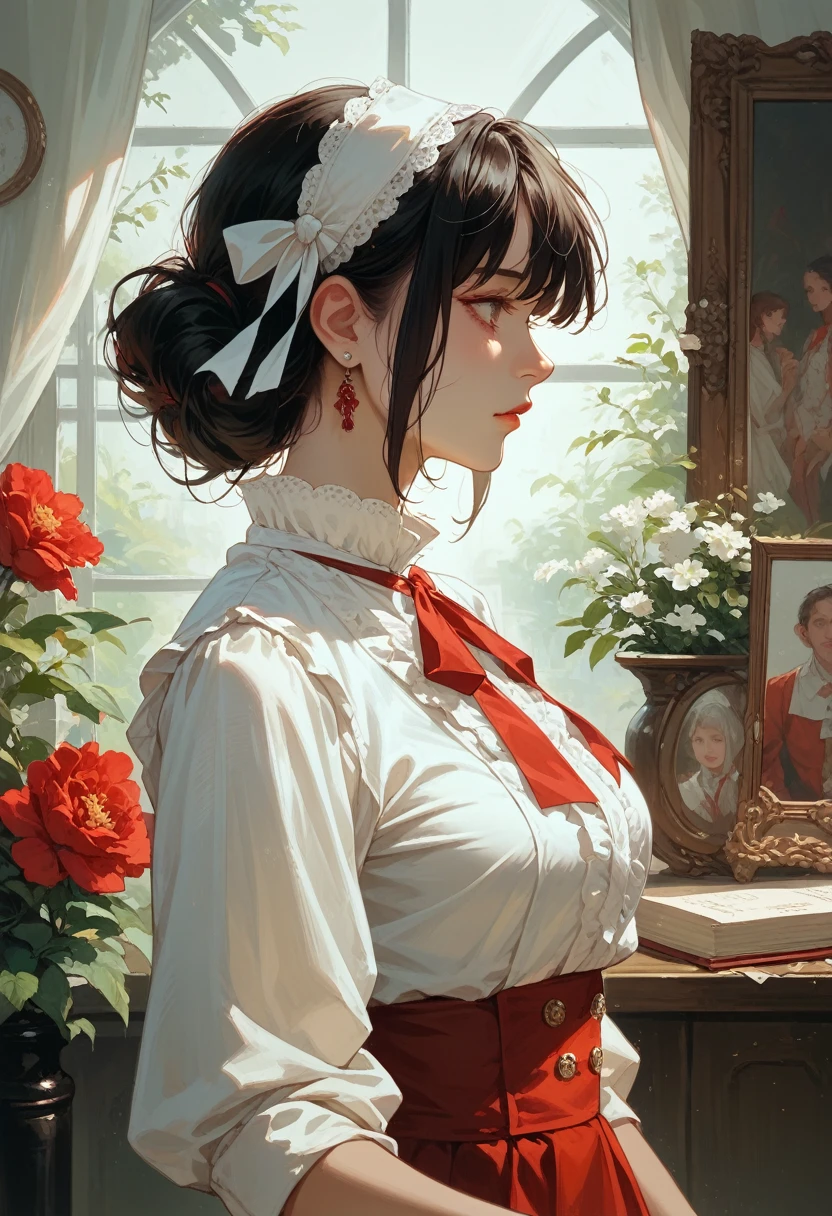 there is a woman in a white shirt with a red ribbon on her chest, nivanh chanthara, white ribbon, profile picture 1024px, only with red, thawan duchanee, red ribbon, wonderful masterpiece, jia, 1, white red, peacefull, yuli ban, sakimi chan, wearing headmistress uniform