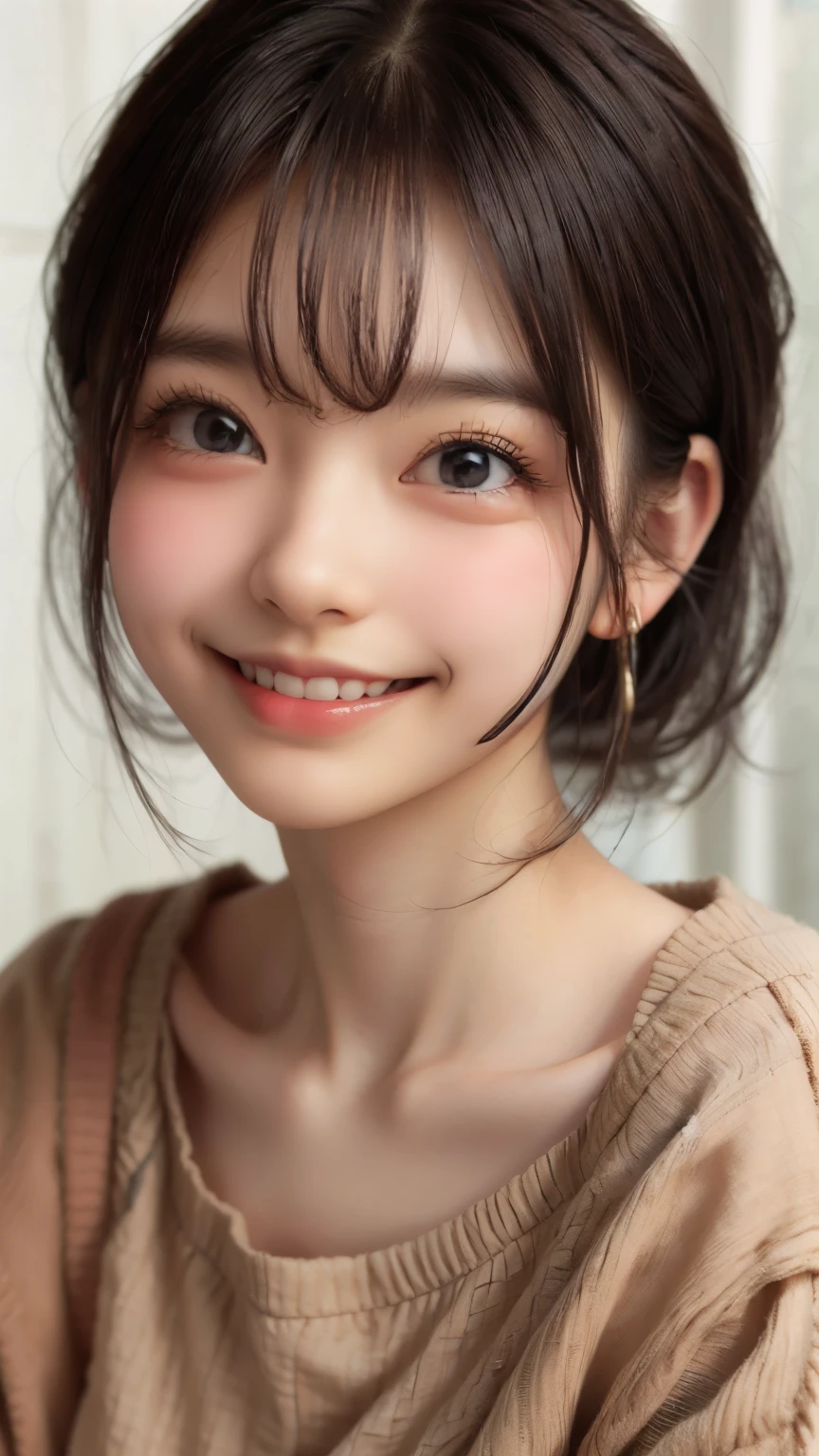 Highest quality, Realistic, 8k, High resolution, Full Color, , (()), (1 person), ( woman), ((smile)), Shortcut Hair, Earrings