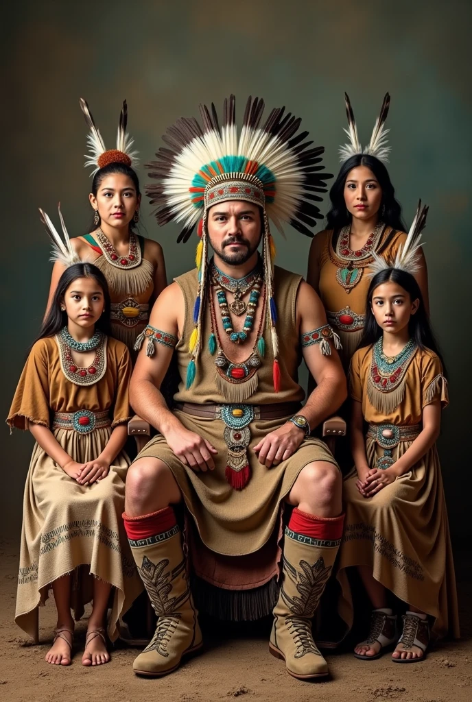 A reimagined version of the colorized photograph of the Romanov family, portraying them as an indigenous family. The scene should closely mimic the original photograph’s composition, with the family members arranged in a formal, seated and standing pose. The father, representing Tsar Nicholas II, sits in the center with a dignified posture, wearing a large, colorful feathered headdress and a traditional leather tunic adorned with intricate beadwork and tribal patterns. The mother, representing Tsarina Alexandra, stands elegantly beside him, wearing a long, beautifully embroidered dress made of natural fabrics, with intricate beadwork and feather details. The daughters, standing and seated around their parents, wear dresses decorated with traditional indigenous designs, each unique, incorporating beadwork, feathers, and leather sashes. The sons, dressed as young warriors, wear tunics with symbolic embroidery, leather belts, and headdresses with shorter feathers. The expressions on their faces should be serene and reflective, maintaining the dignified and reserved demeanor seen in the original Romanov photograph. The background should resemble a subtle natural setting, with soft light filtering through, creating an atmosphere that complements their indigenous attire, while still respecting the formal tone of the original photograph.