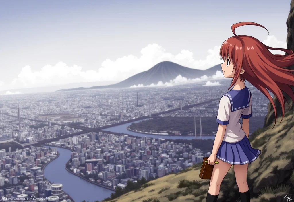 (Extremely detailed and high-quality illustrations)(Anime style)A high school girl wearing blue and white JK stands on the top of the mountain,Overlooking the city in front and the wasteland in the distance,Hands holding vintage notebook and pen,The girl's hair and eye color are both chestnut,And a well-proportioned figure