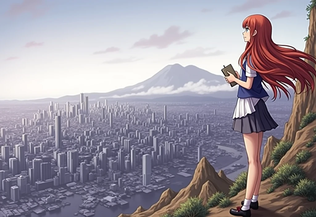 (Extremely detailed and high-quality illustrations)(Anime style)A high school girl wearing blue and white JK stands on the top of the mountain,Overlooking the city in front and the wasteland in the distance,Hands holding vintage notebook and pen,The girl's hair and eye color are both chestnut,And a well-proportioned figure