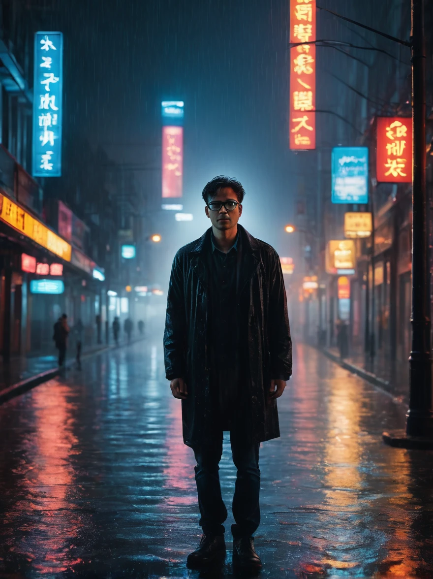 (best quality,4k,8k,highres,masterpiece:1.2),ultra-detailed,(realistic,photorealistic,photo-realistic:1.37),a man standing alone in a rainy night, wearing glasses,sad expression,visibly distraught,shallow depth of field,soft focus,heavy rain pouring down,raindrops glistening on the ground,wet pavement reflecting the neon lights,glassy eyes,tears rolling down his face,dark silhouette against the backdrop of the city lights,gentle mist enveloping the scene,street lamps creating a warm glow,desolate atmosphere,long exposure effect,trickle of rain running down his soaked clothes,lost in thought and deep sadness,subtle reflections on his glasses,evoking a sense of longing and heartbreak,strong contrast between the bright lights and the darkness,subdued colors by desaturating,the light illuminating his face from an unknown source, creating a mysterious ambiance.