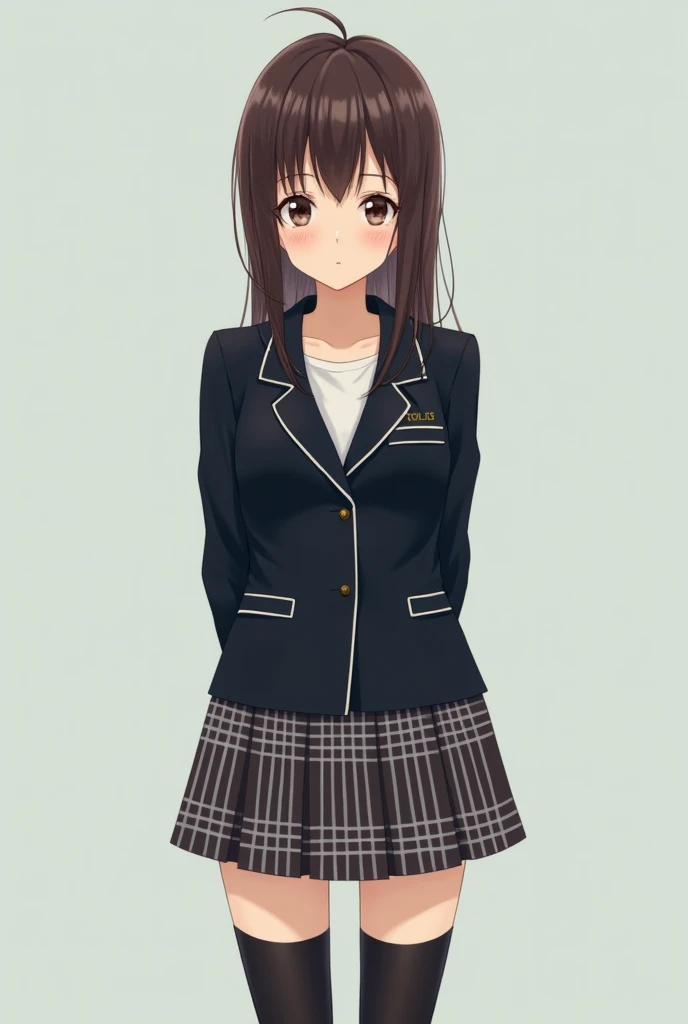 Top quality, masterpiece, High resolution, (Head to toe full body), Composition from slightly below the front, Symmetric, 1, Slim and beautiful, alone, (Small breasts), (No shoes),Unkempt brown hair, bangs, (black tights), (Black Pantyhose), Both arms are tied behind one's back, , blush, Shy big eyes, looking at the camera, Blazer Uniform, Checkered Pleated Skirt、Panties around the ankles、Black knee-high socks、Spread your legs、Exposing the breasts、exposing her chest、Panties around the ankles
