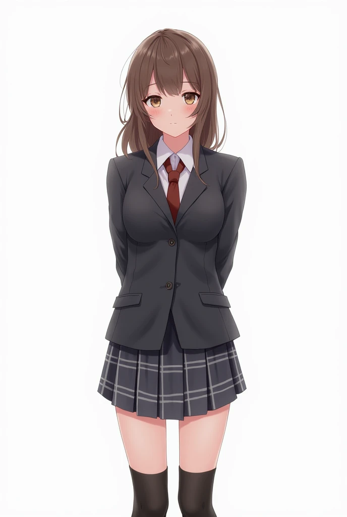 Top quality, masterpiece, High resolution, (Head to toe full body), Composition from slightly below the front, Symmetric, 1, Slim and beautiful, alone, (Small breasts), (No shoes),Unkempt brown hair, bangs, (black tights), (Black Pantyhose), Both arms are tied behind one&#39;s back, , blush, Shy big eyes, looking at the camera, Blazer Uniform, Checkered Pleated Skirt、Panties around the ankles、Black knee-high socks、Spread your legs、Exposing the breasts、exposing her chest、Panties around the ankles