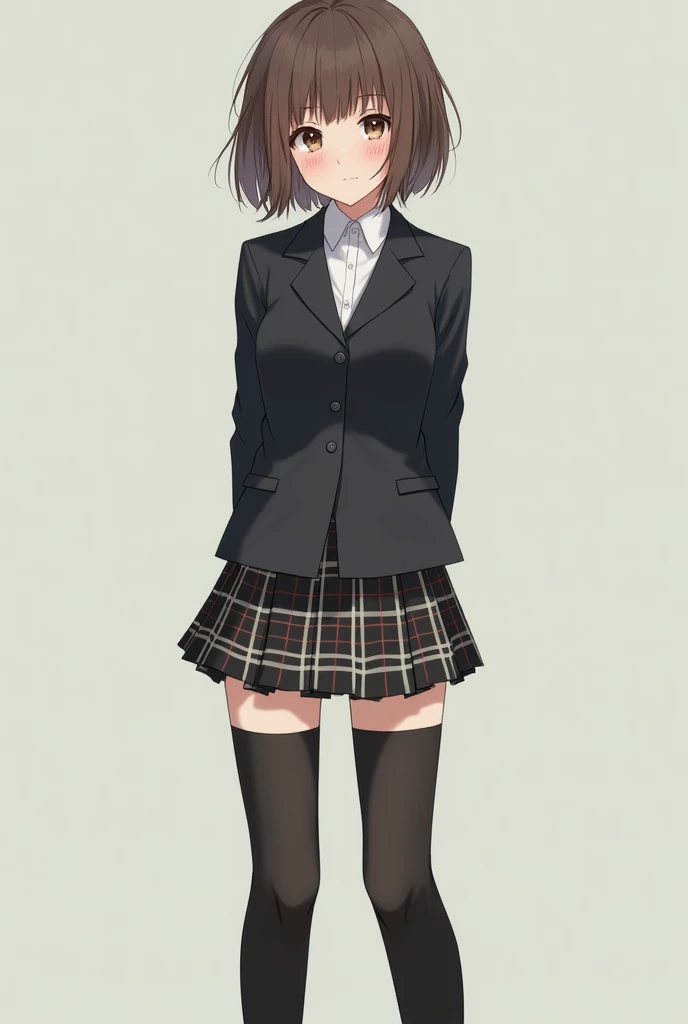 Top quality, masterpiece, High resolution, (Head to toe full body), Composition from slightly below the front, Symmetric, 1, Slim and beautiful, alone, (Small breasts), (No shoes),Unkempt brown hair, bangs, (black tights), (Black Pantyhose), Both arms are tied behind one's back, , blush, Shy big eyes, looking at the camera, Blazer Uniform, Checkered Pleated Skirt、Panties around the ankles、Black knee-high socks、Spread your legs、Exposing the breasts、exposing her chest、Panties around the ankles