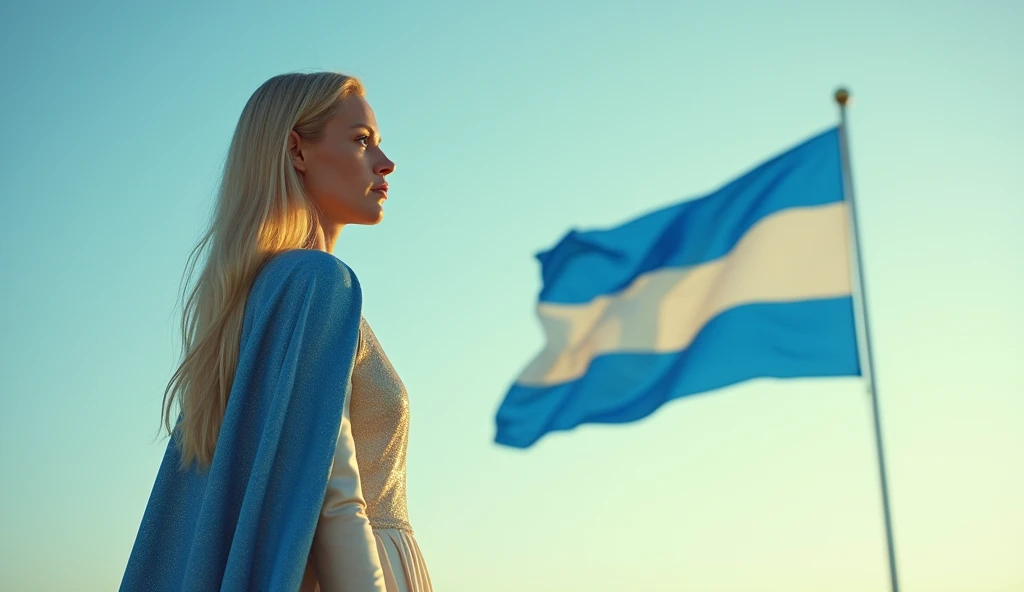 A woman stands looking out at the horizon. In the background a large flag floats in the wind. This flag has 3 horizontal stripes, two blue and one cream in the middle.. The tension is intense, the queen is a woman 30 years old, very long straight hair, very blond hair, slim, blue eyes, wearing a cream and blue color futurist long royal dress with a printed circuit board cape, intense gazing eyes, ultra-resolution, intricately detailed, low angle, 8k by Helmut Newton