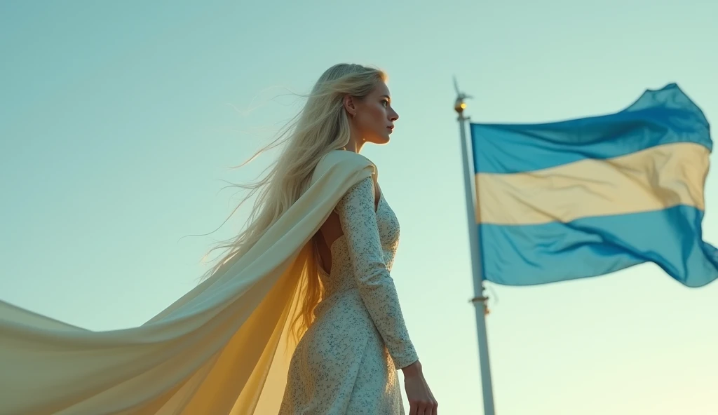 A woman stands looking out at the horizon. In the background a large flag floats in the wind. This flag has 3 horizontal stripes, two blue and one cream in the middle.. The tension is intense, the queen is a woman 30 years old, very long straight hair, very blond hair, slim, blue eyes, wearing a cream and blue color futurist long royal dress with a printed circuit board cape, intense gazing eyes, ultra-resolution, intricately detailed, low angle, 8k by Helmut Newton