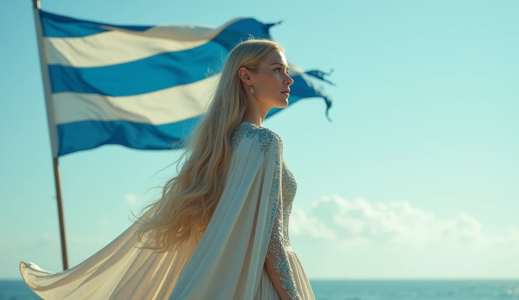 A woman stands looking out at the horizon. In the background a large flag floats in the wind. This flag has 3 horizontal stripes, two blue and one cream in the middle.. The tension is intense, the queen is a woman 30 years old, very long straight hair, very blond hair, slim, blue eyes, wearing a cream and blue color futurist long royal dress with a printed circuit board cape, intense gazing eyes, ultra-resolution, intricately detailed, low angle, 8k by Helmut Newton