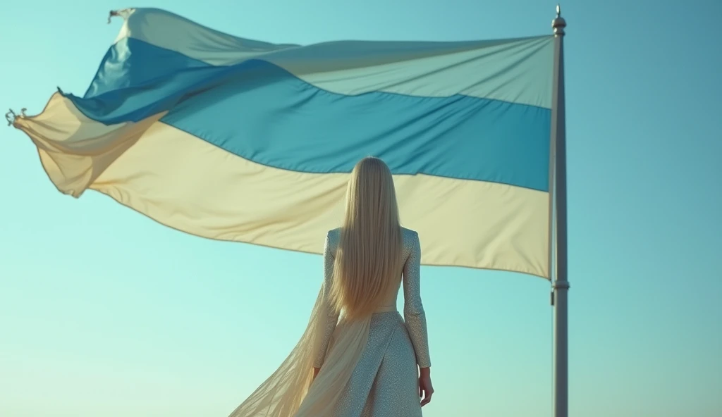 A woman stands looking out at the horizon. In the background a large flag floats in the wind. This flag has 3 horizontal stripes, two blue and one cream in the middle.. The tension is intense, the queen is a woman 30 years old, very long straight hair, very blond hair, slim, blue eyes, wearing a cream and blue color futurist long royal dress with a printed circuit board cape, intense gazing eyes, ultra-resolution, intricately detailed, low angle, 8k by Helmut Newton