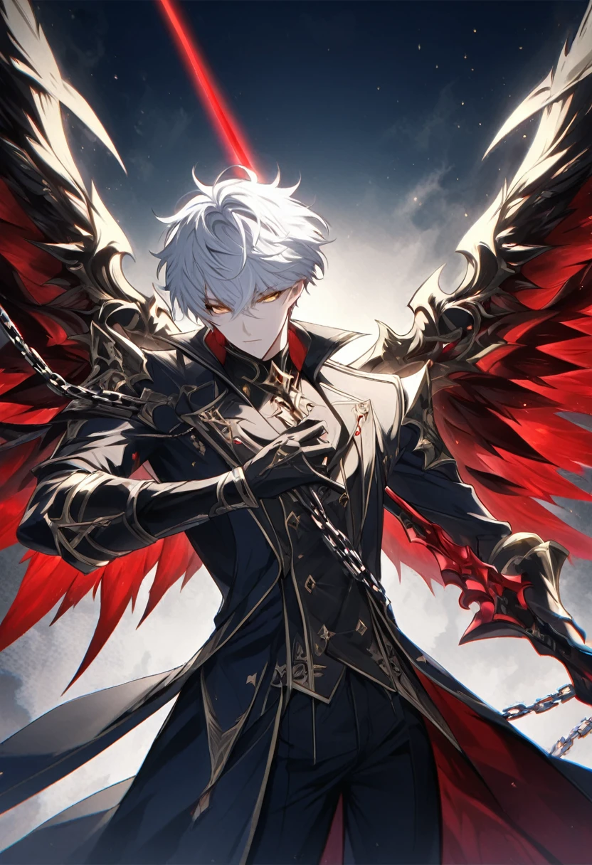 A white-haired demon with dark gray wings flying in a red sky, corvos negros voando ao redor, sentado em um pilar branco, com um olhar inocente. Personagem masculino de anime.