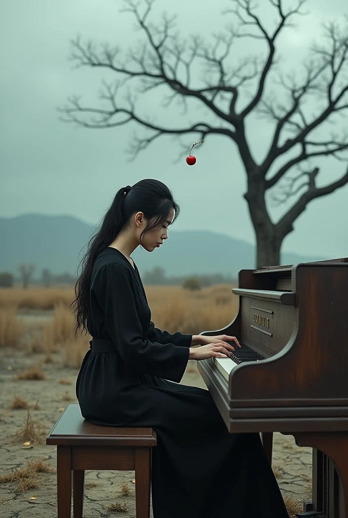 Create a hyperrealistic 4D front view image of a beautiful Korean woman with long black ponytail, wearing a long black dress sitting and playing an old piano in a barren landscape with dry grass and cracked earth under a cloudy sky with dim, foggy and gloomy lighting, Include a dry barren tree, with a fresh red apple hanging from one of its branches. The atmosphere of the scenery is quiet but charming.