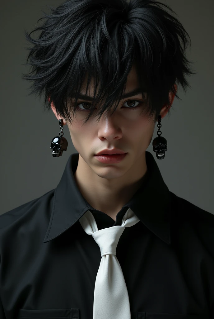 Male character with messy hair wearing a black shirt, white tie and black skull earrings