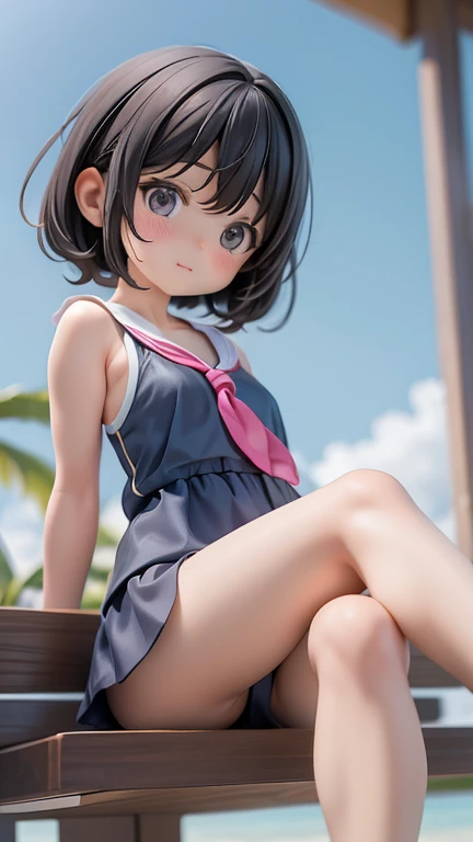Swimwear、Girl、Girl、、Black Hair,、whole body、Sitting with legs crossed
