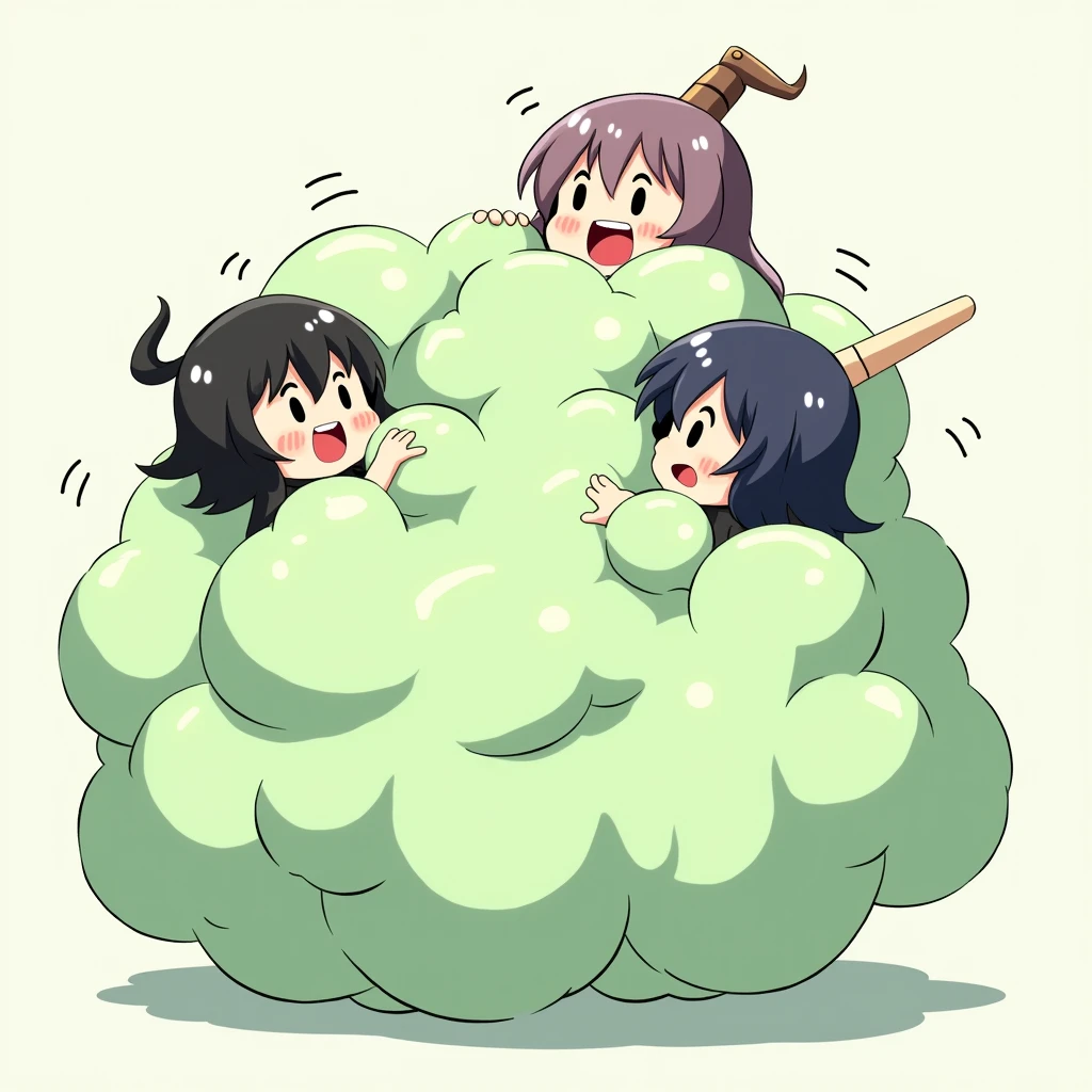 An anime-style illustration depicting witches playfully wrestling with each other inside a light green comical fight cloud (dust cloud).
each witch has different  colored hair.
their faces,hands,and feet are visible emerging from the cloud as they tussle humorously,  with the rest of their bodies completely hidden inside the cloud.
the illustration emphasizes the humorous and energetic nature of their scuffle,with a fluffy  and exaggerated fight cloud.