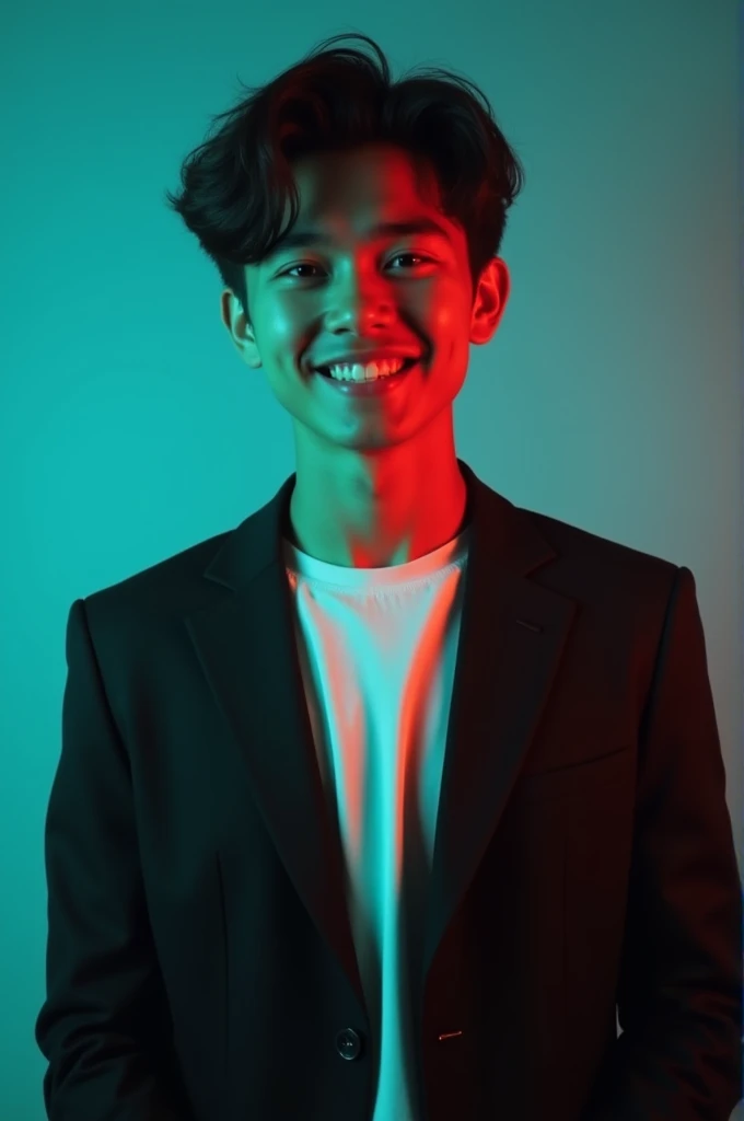 @Ariyan Emon: A young Man With Dark hair and a confident smile He is Dressed in a black blazer over a white shirt The man is positioned against aqua colour backdrop with a subtle red lighting on t