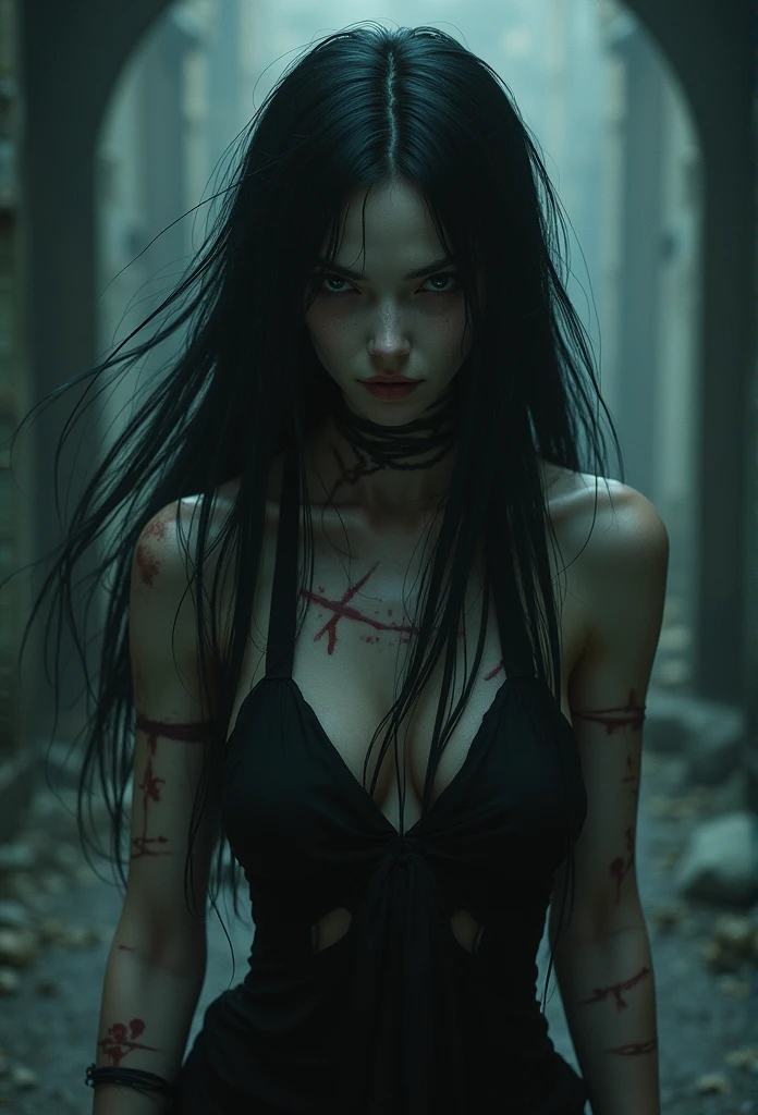 (best quality,photorealestic),(dark,foreboding) japanese woman ,Detailed black eyes,long black hair, that resembles the night,pale skin,visible dark circles under the eyes,athletic body, but strewn with scars,Ominous atmosphere,Gothic aesthetics,Nightmarish appearance,intense look,Mysterious aura, twisted and tense posture,Dramatic shadows and lighting,Vivid contrast between light and dark,Indication of danger,enchanted atmosphere