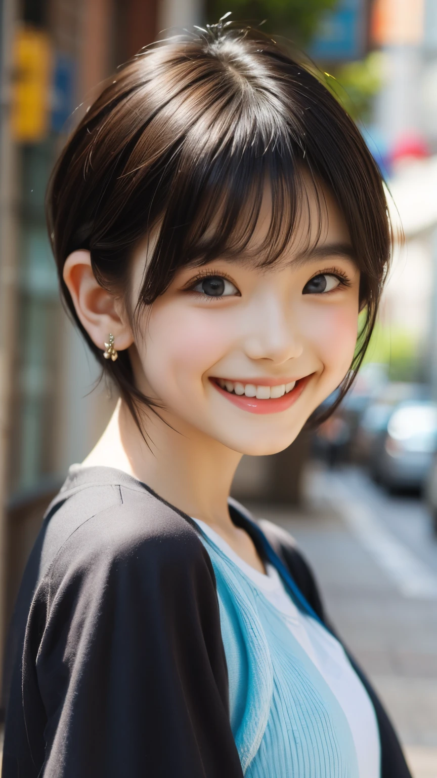 Highest quality, Realistic, 8k, High resolution, Full Color, , (()), (1 person), ( woman), ((smile)), Shortcut Hair, Earrings