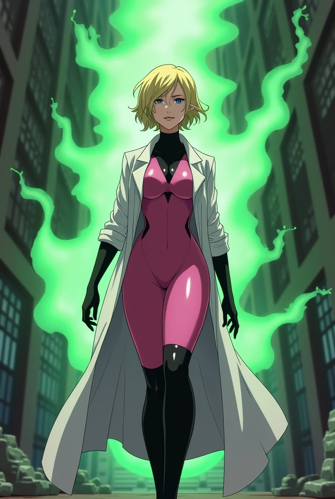 Anime style, Sultry and Beautiful young woman with a soul of pure evil and hatred. Short blonde hair that covers her left eye and blue eyed supervillain dressed in a sleek skintight pink bodysuit, long black gloves and black calf high boots. A long white lab coat over her bodysuit competes the look. She is posing and emanating green energy. She has a smile crossing her thin red lips. The setting is a city. She is killing people with her poisonous vials. Lots of blood and melting.
