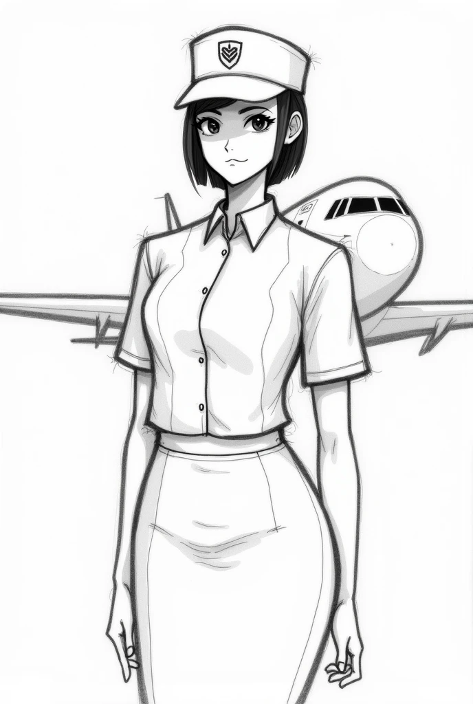 A no face model flight attendant with cap and hair draft sketch with aircraft behind her, black and white color.