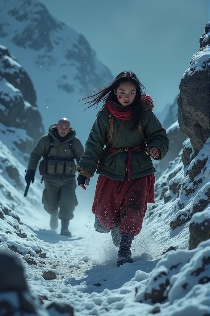 A tibettan woman running in Himalayas.  She has bleeding and wounds have. Its a night time. A small  Chinese boy have gun. He hunted tibettan women. Small boy was well trained. He wearing Chinese army uniform, he have no hair