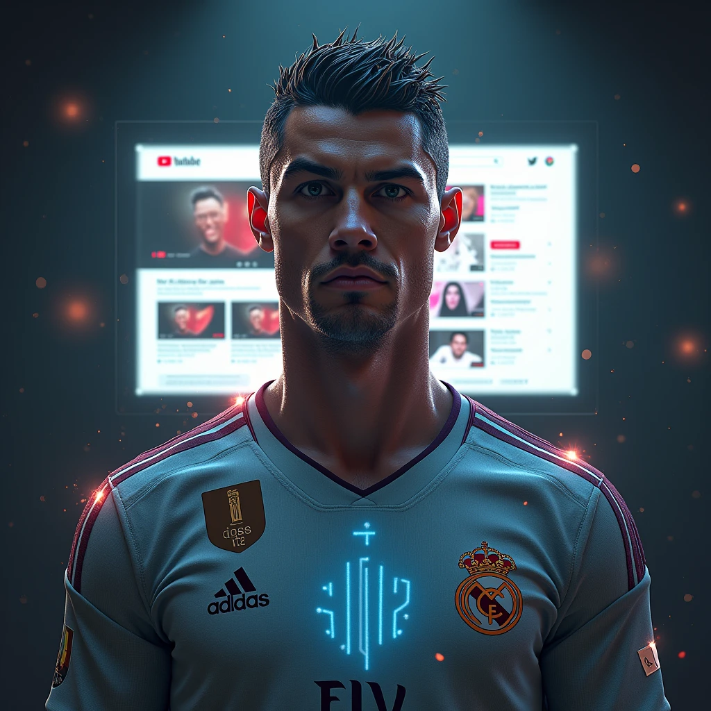 A final image depicting Ronaldo as a digital star, with a glowing aura around him as he stands confidently in front of a large screen displaying his YouTube channel, symbolizing his impact on both football and the digital world in dall e-3 style