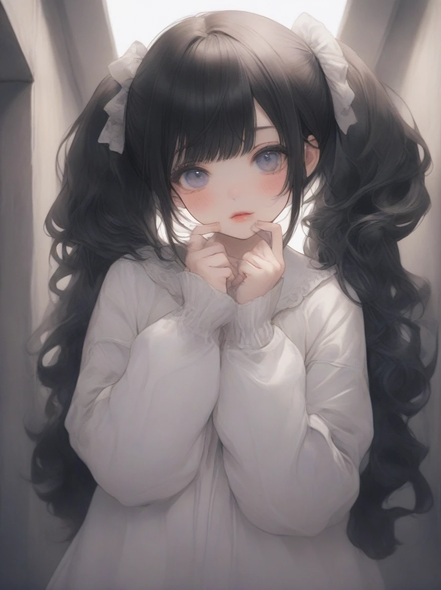 ((Highest quality)), ((masterpiece)), (detailed), One person, cute、Shortcuts、Twin tails、cuteアニメビジュアル, Anime Style 4k, Attention to detail。 Anime Art 4k, detailedなキーアニメアート,Standing posture、Front view、 Dimples on cheeks, Depth of written boundary, High resolution, ((Realistic skin texture)), (Well-proportioned hands), Thick lips, Black Hair