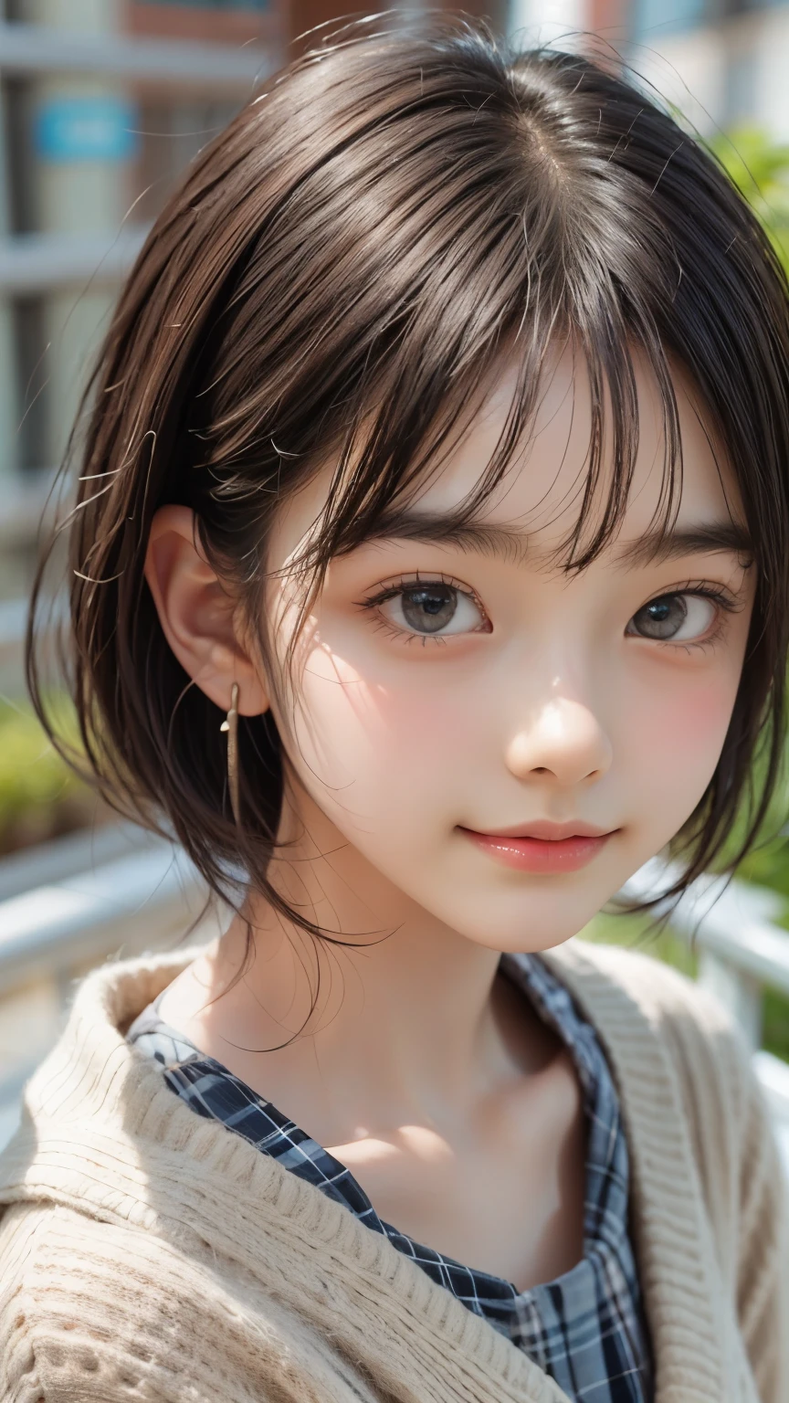 Highest quality, Realistic, 8k, High resolution, Full Color, , (()), (1 person), ( woman), ((smile)), Shortcut Hair, Earrings