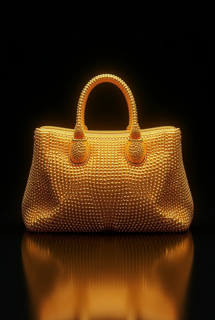 A drawing of a handbag covered with gold colored rubber beads on a black background