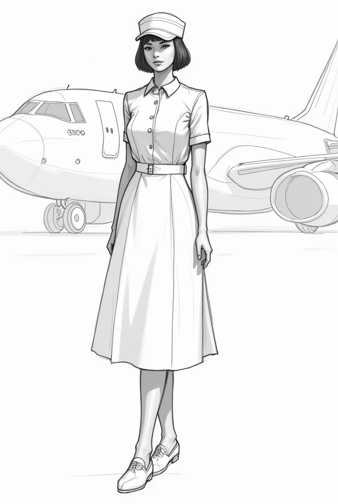 A no face model flight attendant with cap and hair draft sketch with aircraft behind her, black and white color.