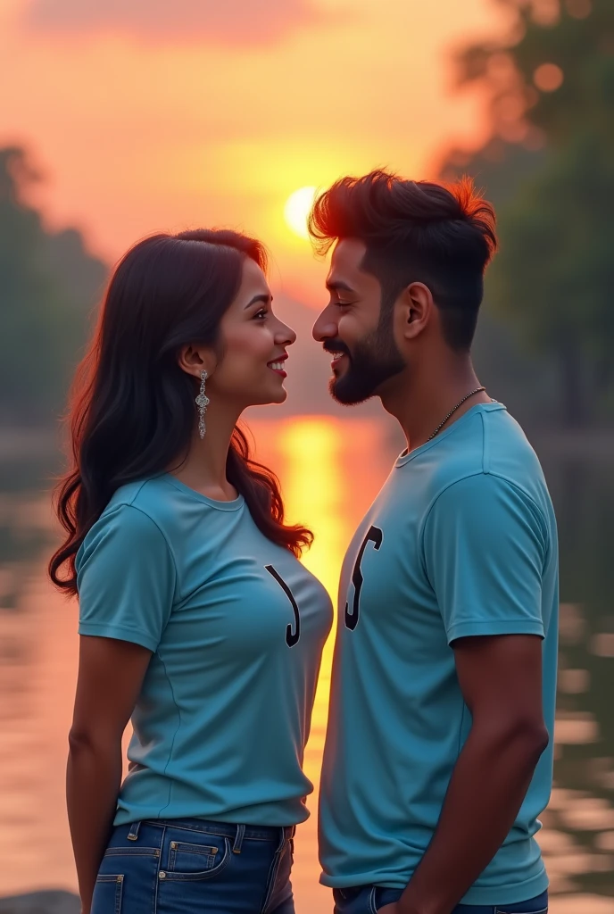 A couple on sunset there have a river and both are wearing a t-shirt and boy t-shirt print with J and it's color is light blue and girls t-shirt is printed with S. Face with camera side with love and smile face look each other.and both are having Indian face girl is quite chubby and boy is slim with small beard