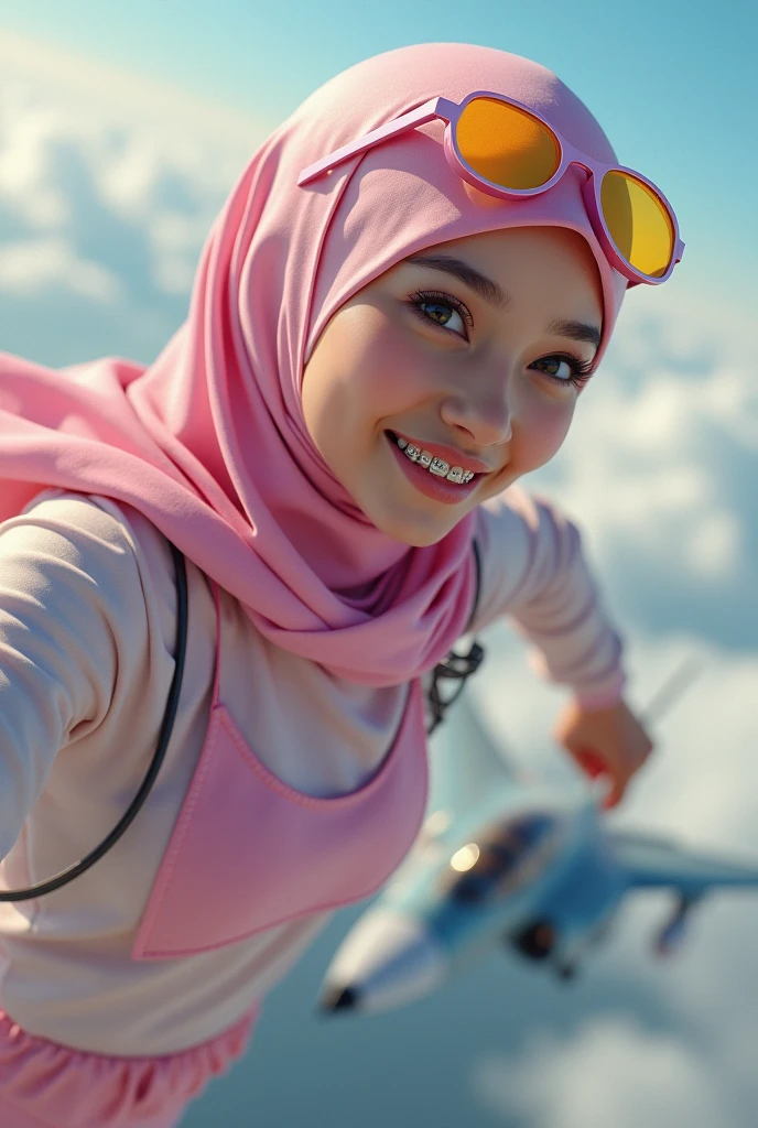 1 malay girl in pastel red color hijab, dynamic angle, soft laughter, unique appearance, long sleeve shirt,  high waist pants, ((view from below looking up)), (look down at the camera and smile). Afternoon,