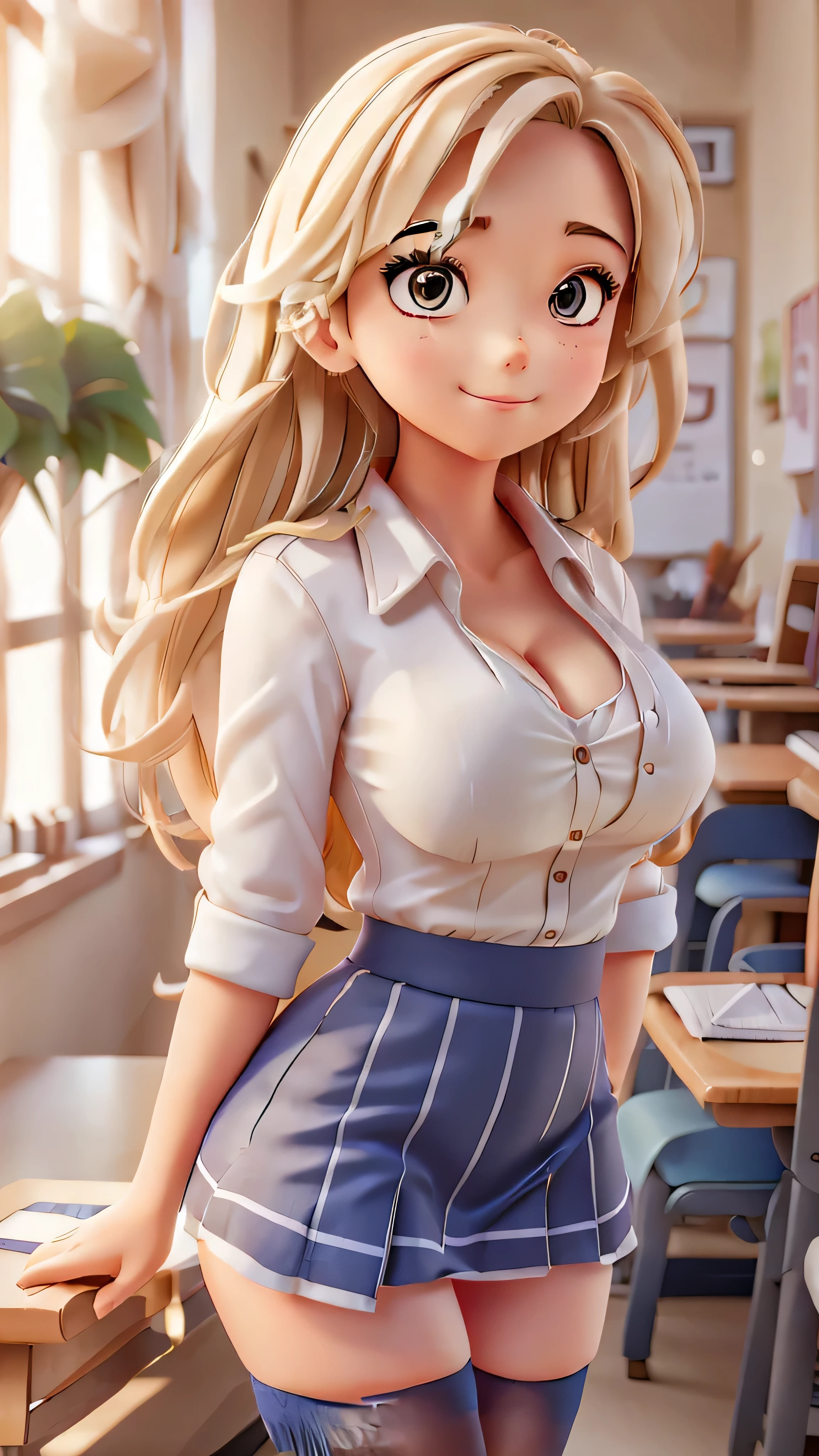 Busty girl in school uniform and stockings
