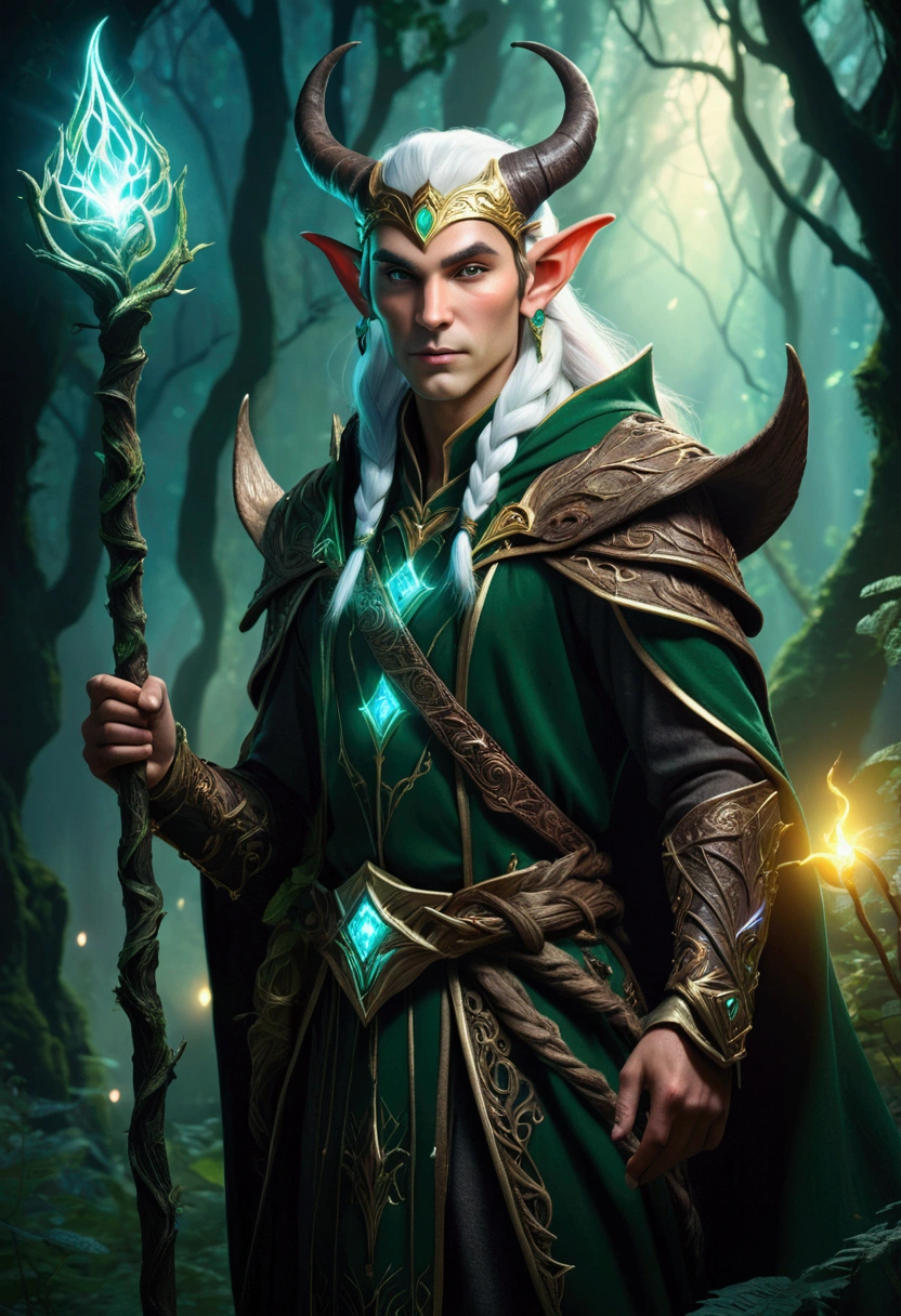 a magical elf wizard with a bull-like face, detailed facial features, intricate fantasy outfit, magical glowing staff, dark mystical forest background, dramatic lighting, cinematic angle, detailed textures, digital art, matte painting style
