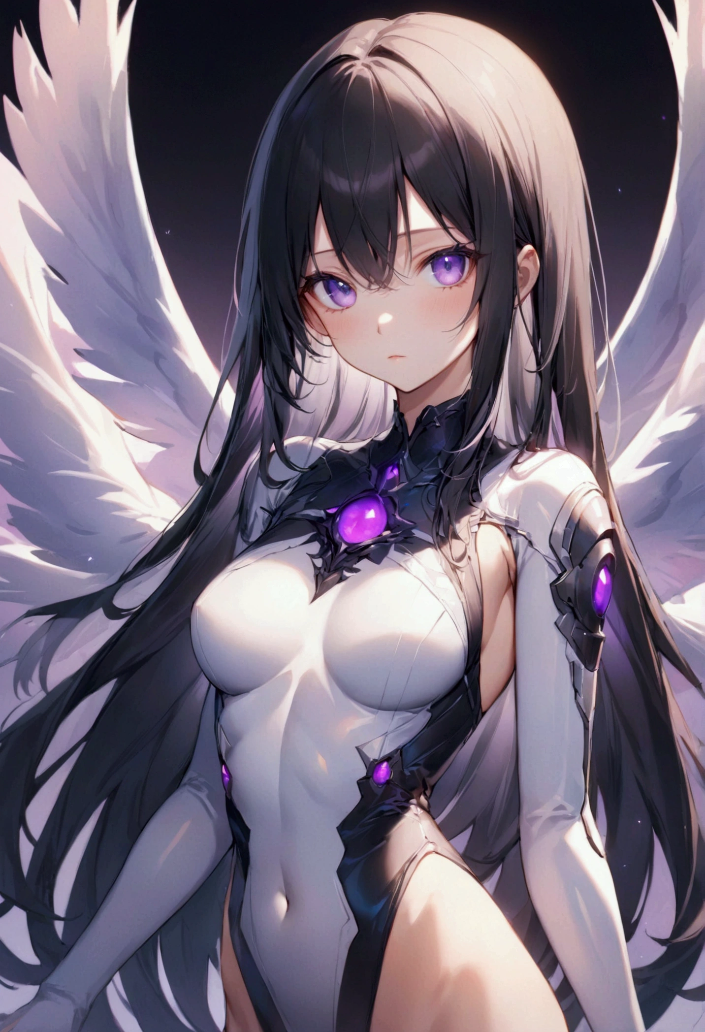 Anime girl with long straight black hair with white highlights, purple eyes, detailed body, detailed eyes, masterpiece, best quality, aesthetic, standard pose