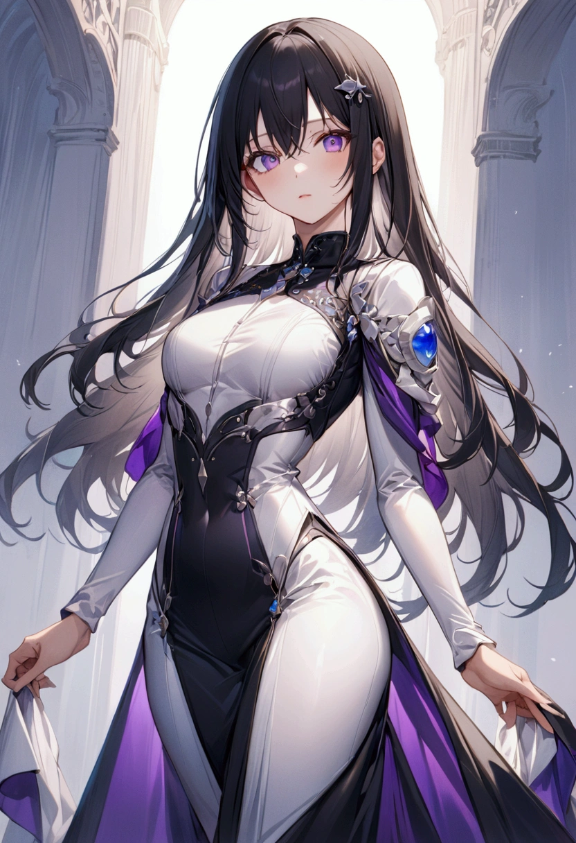 Anime girl with long straight black hair with white highlights, purple eyes, detailed body, detailed eyes, masterpiece, best quality, aesthetic, standard pose