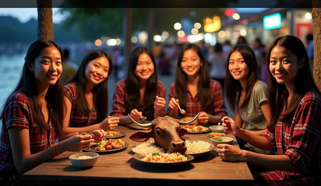 6 beautiful Indonesian women who are a bit fat, loose hair, big nose, wear a flannel shirt, long pants, sit down, face facing front camera, and on the table there is a cow's head on a plate and rice, all hands holding spoons, location at the riverside stall, beautiful night atmosphere, many people, ultra details, minim diffect, realistic, 8k quality image