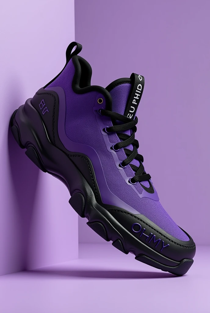 An original shoe with black and purple colors with the words Ohmy on the sole