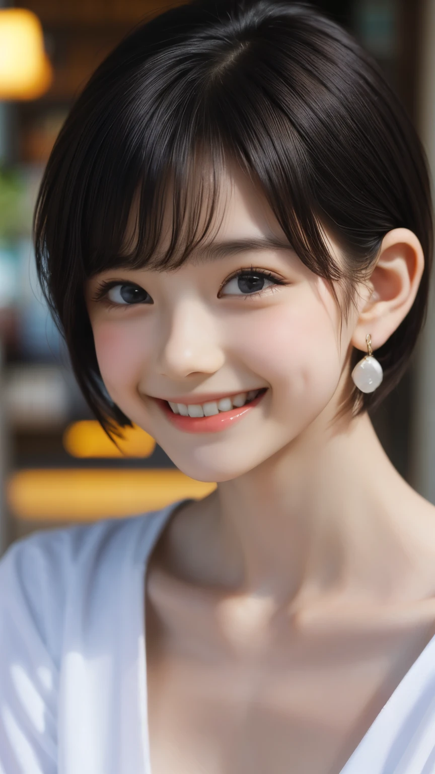 Highest quality, Realistic, 8k, High resolution, Full Color, , (()), (1 person), ( woman), ((smile)), Shortcut Hair, Earrings