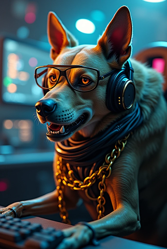 Creat cyborg gamer dog with headphone with angry and gold chains with gaming set up and wearing specs
Background should consist name plate of 007ROCKY69