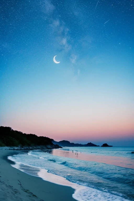Light blue sky、The moon hangs in the sky、blue sea、White beach、Calm waves、Calm Night、dawn、The stars are shining、