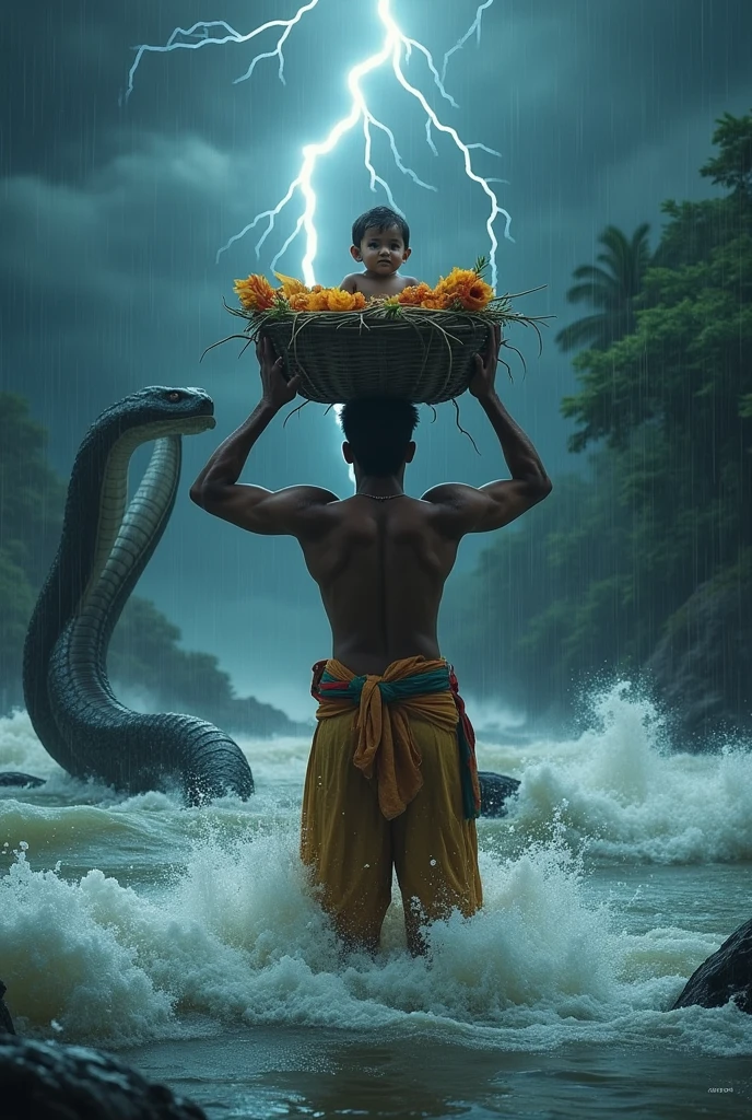 3D cinematic photo old Vasudev was taking little Krishna across the river rain and snake Yamuna by keeping him in chaj (soup).