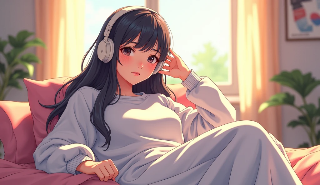 morning、Listen to music in the room、high school girl、Big Breasts、 relax、White sweatshirt、long hair、Use headphones, Bright environment、2D-style animation, Lo-Fi、Retro、Anime style illustrations、Line art with clear outlines