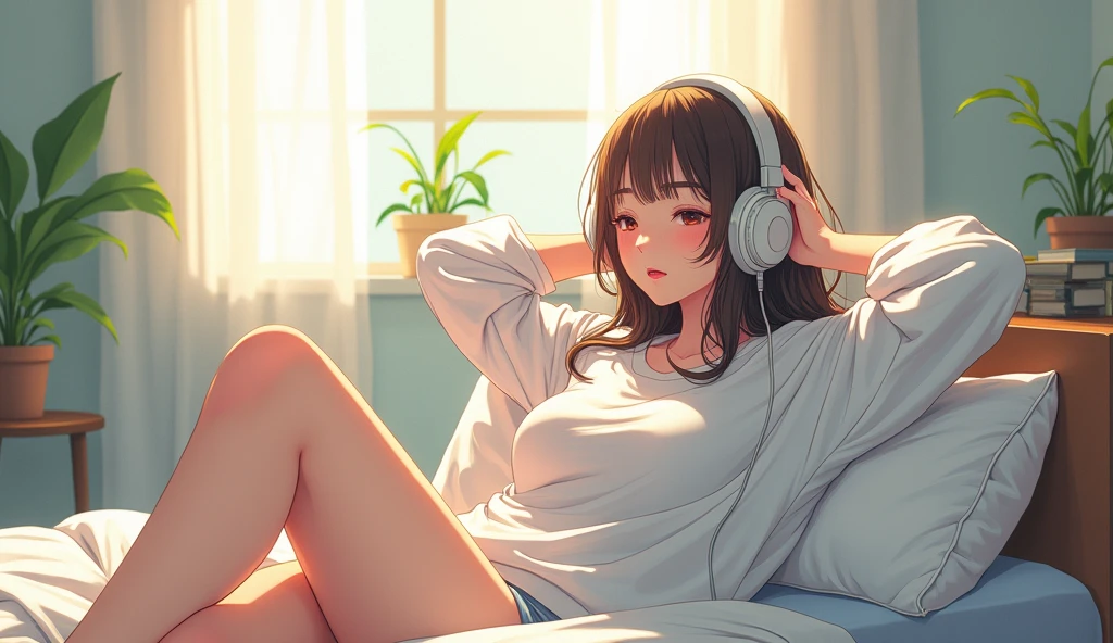 morning、Listen to music in the room、high school girl、Big Breasts、 relax、White sweatshirt、long hair、Use headphones, Bright environment、2D-style animation, Lo-Fi、Retro、Anime style illustrations、Line art with clear outlines