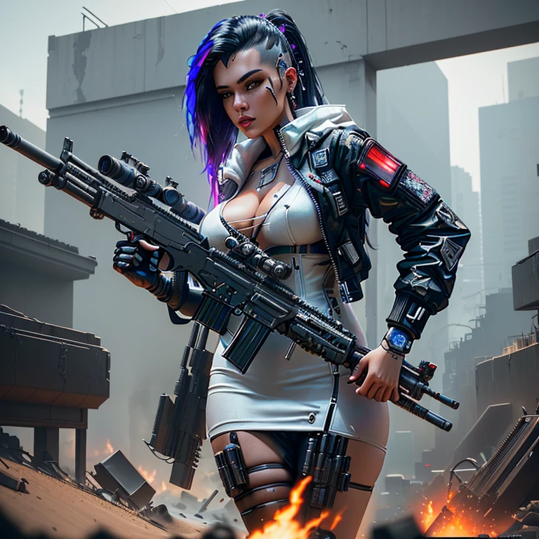 woman in white nude dress holding gun in front of fire, cyberpunk assassin, Cyberpunk Judy Alvarez, hyperrealistic cyberpunk style, beautiful digital images, Cyberpunk Woman, 3d digital art 4k, cyberpunk horror, cyberpunk art, cyberpunk art, advanced digital cyberpunk art, sniper girls in war, detailed digital 3D art, cyberpunk digital art