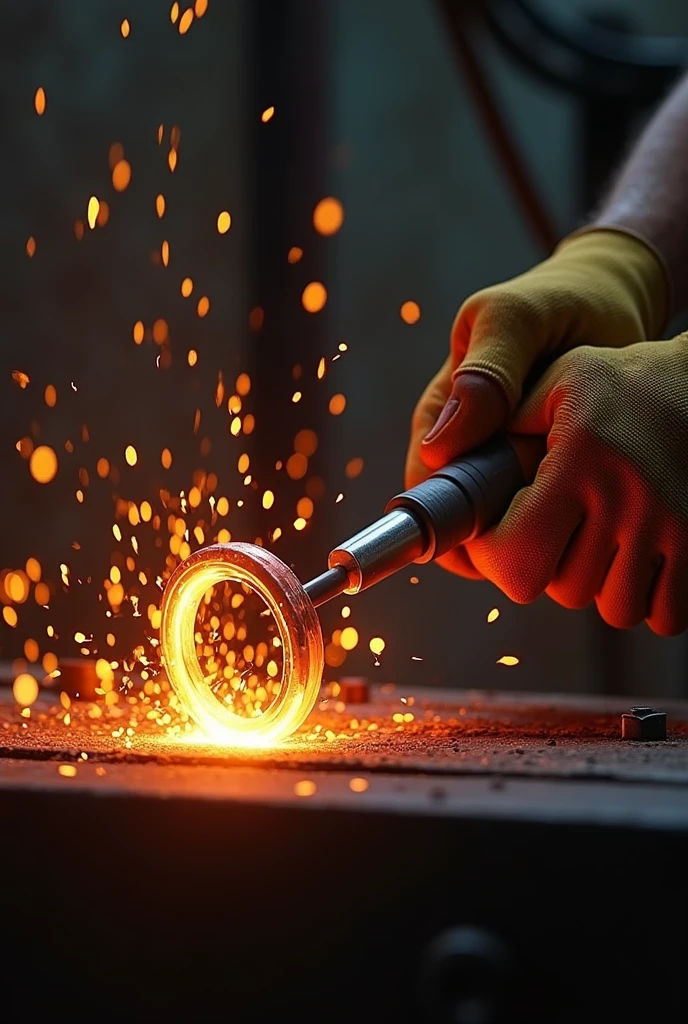 Arms and hands welding a ring with fire