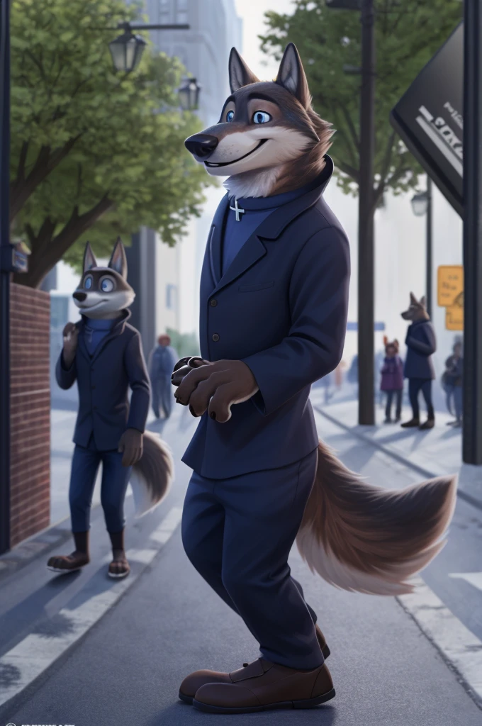 Larry (Zootopia), young wolf, gray fur, (brown body:1.3), beautiful blue eyes, Zootopia, красная cassock,, trousers, Catholic priest,cassock,красная cassock, Cardinal,gold pectoral cross white collar,shoes footwear dog,wolf, detailed fur, Male, second, paw pads, claws, looks at the viewer, 5 fingers, paws, 4 toes, B is walking down the street,waiting for the bus, 
BREAK from nextel, for dating, by xenoforge, (difficult, high detail,digital photography, soft focus,close to the camera, smile, positive, Good, mood, Houses, looks at the viewer, очень close to the camera,catholic priest, On the street is going, on a bus, d photorealism, realistic, photorealistic,digital style, subsurface scattering,очень close to the camera идет обниматся, нежная smile, Beautiful teeth, 
masterpiece, Best quality, ult,добрый wolf свящщенник, фотоrealistic, 8 thousand.)