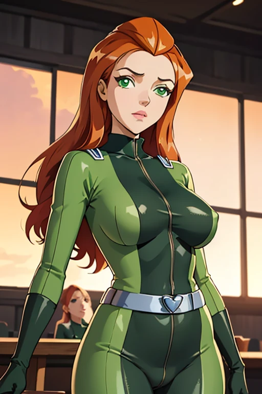 (masterpiece, best quality), 1girl,   sam \(totally spies\), orange hair, Long Straight hair, green eyes, , green bodysuit, Big Breasts, belt